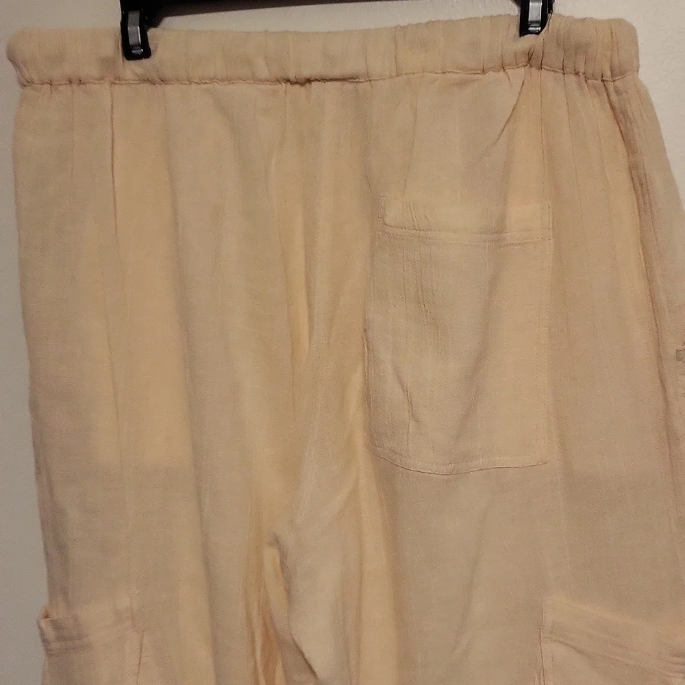 Free People Large Beige Wide-Leg Cargo Pants Boho Elastic Waist - Picture 6 of 13